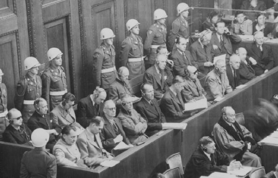 On trial in Nuremberg 
Front (Left to Right) Goring, Hess, Von Ribbentrop,Franck, Frick, Streicher, Funk, Schacht: back row - Donitz, Raeder, von Schirach, Jodl, von Papen, Seys-Inquart, Speer, von Neurath, Fritzche.